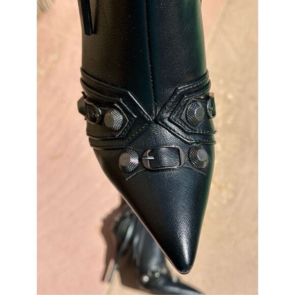 Women's Black Stiletto High Heel Knee High Boots with Tassel Pointy Toe Studded - Picture 4 of 8